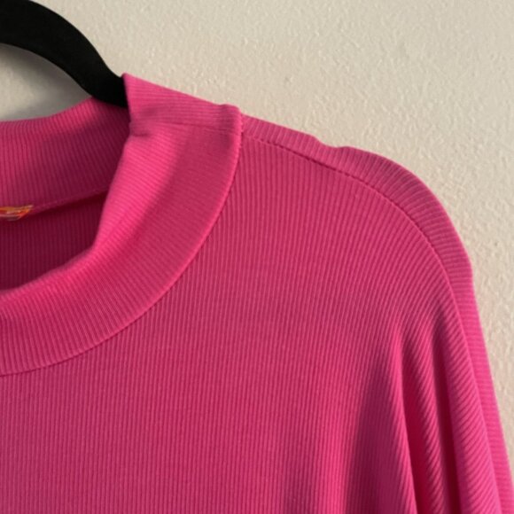 Freckled Poppy Women 2X Pink Ribbed Bell Sleeves Mock Neck Side Slits Midi Dress - Picture 6 of 9